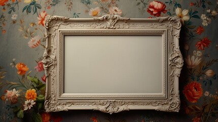 A blank frame on a wall covered in silk with embroidered patterns.