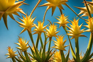 Beautiful yellow aloe vera flowers blooming against blue sky - obrazy, fototapety, plakaty