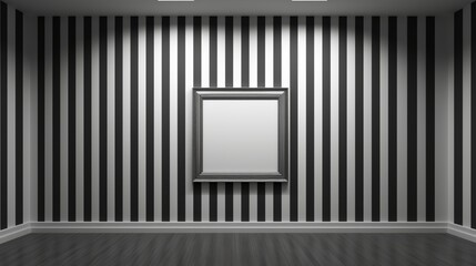 A monochromatic room with a blank frame juxtaposed against a striped wall.