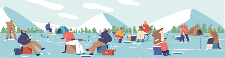 Winter Fishermen Brave The Cold, Bundled In Layers, Clutching Fishing Rods. Frosty Breath Mingles With Anticipation