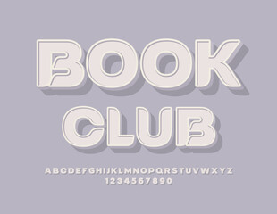 Vector artistic logo Book Club. Vintage style Font. White 3D Alphabet Letters, Numbers and Symbols