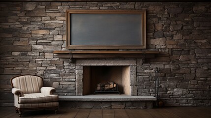 Fototapeta na wymiar Blank frame above a stone fireplace in a cozy den.