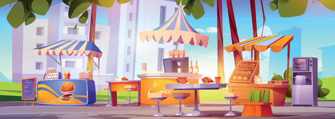 Street food market in city park. Vector cartoon illustration of burger shop, bakery stall and cafe with coffee machine, tables and chairs against cityscape background, green trees and urban buildings - obrazy, fototapety, plakaty