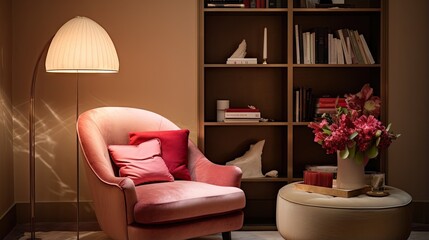  a pink chair sitting in a living room next to a lamp.  generative ai
