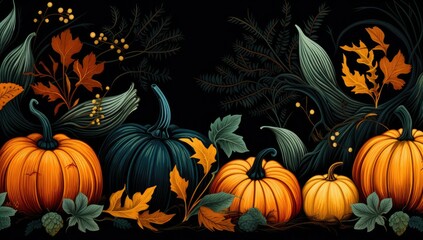 autumn pumpkins and leaves on a black background Generative AI