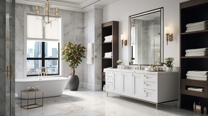 Bathe in elegance in a luxury bathroom with a marble-topped vanity and pendant lights, creating a space that's both timeless and chic.