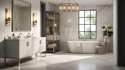 Bathe in elegance in a luxury bathroom with a marble-topped vanity and pendant lights, creating a space that's both timeless and chic.