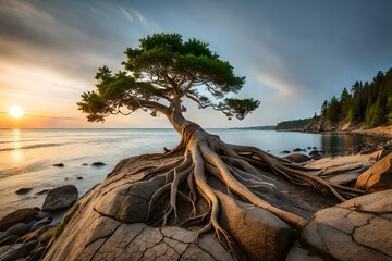 A large tree roots growing on a rock, a testament to the power of adaptation in the face of adversity - AI Generative