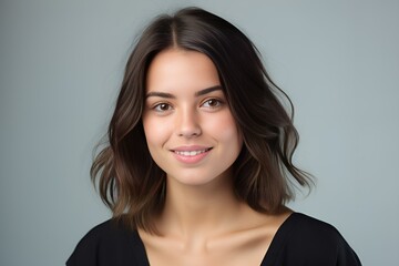 Fototapeta premium Smiling Portrait of a Young Beautiful Fictional Brunette Model Wearing Blank Black T-Shirt. Isolated on a Plain Gray Colored Background. Generative AI. 