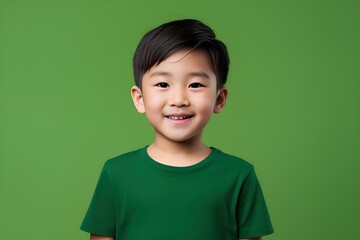 Smiling Portrait of a Young Fictional Asian Little Boy Wearing Blank Green T-Shirt. Isolated on a Plain Green Colored Background. Generative AI. 