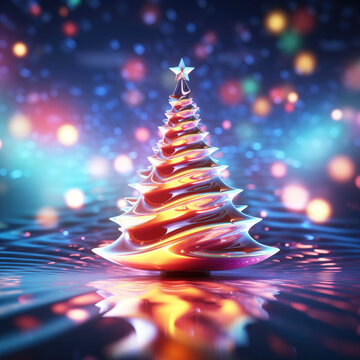 Stylized three-dimensional Christmas tree on a dark background of bokeh lights and a reflective glossy surface on the front.