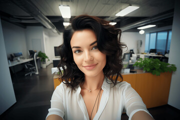 Beautiful office worker with a confident look, in her incredible office