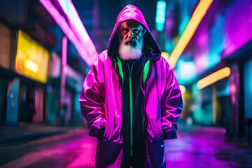 A photo featuring an old male model in outfit urban futuristic design. Blurred neon cyberpunk city as a background.