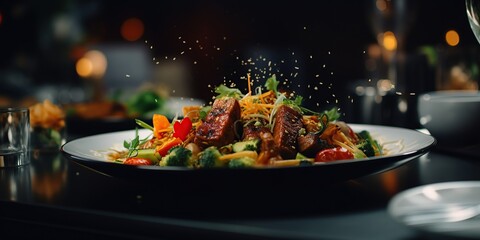 meat with vegetables and spices, delicious food on restaurant - obrazy, fototapety, plakaty