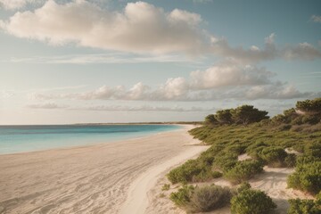 Fototapeta na wymiar Illustration of paradise landscapes with turquoise sea, white sand. Mediterranean beaches.