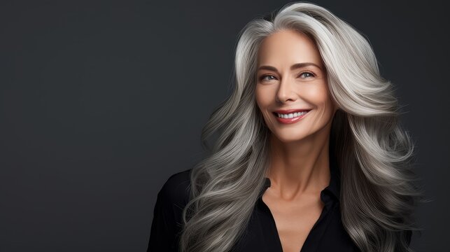 Beautiful woman with smooth healthy face skin. Gorgeous aging mature woman with long gray hair smiling for the camera. Beauty and cosmetics skincare advertising concept