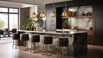 Bring the bar home with a black marble counter. A brushed metal footrest and pendant lights set the scene for stylish gatherings. - obrazy, fototapety, plakaty