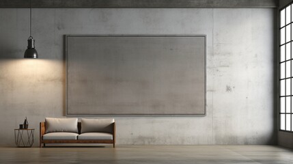 Industrial-themed space with an empty frame on a raw concrete wall.