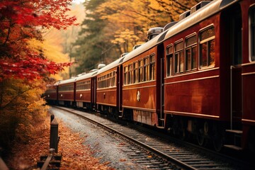 Fototapeta premium a red train traveling down train tracks next to a forest