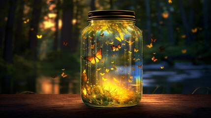 Beautiful fireflies inside tha glass jar - obrazy, fototapety, plakaty