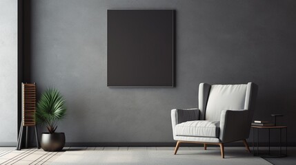 Minimalistic room with an empty frame on a charcoal-colored wall.