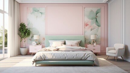 Pastel-themed bedroom with an empty frame above the headboard.