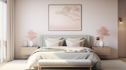 Fototapeta na wymiar Pastel-themed bedroom with an empty frame above the headboard.