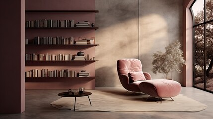 a living room with a pink chair and bookshelves.  generative ai