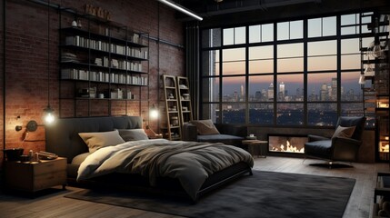 City loft bedroom with industrial design.