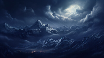 The evening sky is adorned with dramatic clouds above the snow-covered peaks..