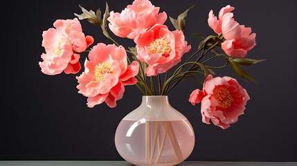  a white vase filled with pink flowers on top of a table.  generative ai