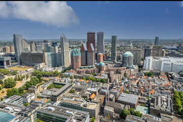 The drone aerial view of Hague City Skyline with urban skycrapers. The Hague (Den Haag) is a city and municipality of the Netherlands.