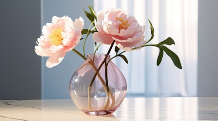  a pink vase with three flowers in it on a table.  generative ai