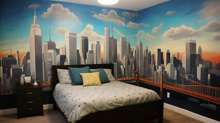Cityscape mural bedroom for urban dreams.