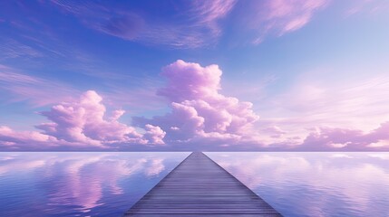  a pier extending into the ocean under a cloudy blue sky.  generative ai