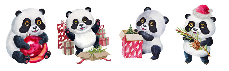 Funny cartoon panda with New Year's gifts