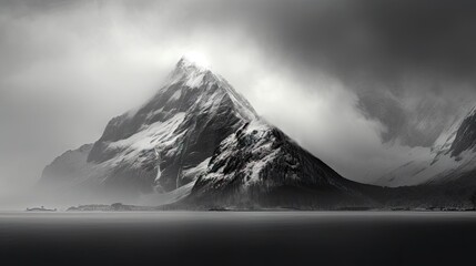  a mountain with a snow covered peak in the middle of a lake.  generative ai