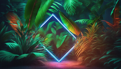 Tropical Leaves Illuminated with Blue and Green Fluorescent Light. Jungle Environment with Diamond shaped Neon Frame