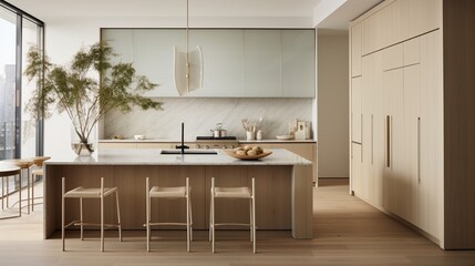 Cook in a neutral-toned kitchen with a sleek waterfall island.
