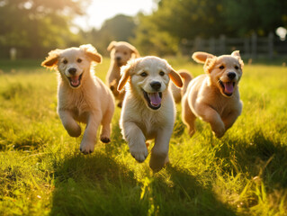 A joyful pack of puppies happily playing together in a picturesque field setting. - obrazy, fototapety, plakaty