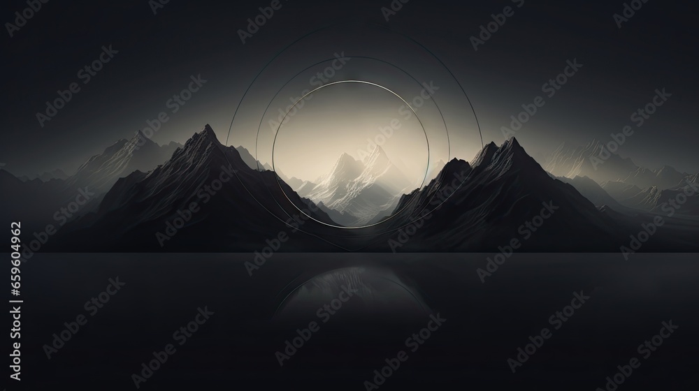 Wall mural a black and white photo of mountains with a circle in the middle. generative ai