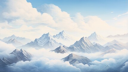 Fototapeta na wymiar a painting of a mountain range in the sky with clouds. generative ai