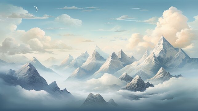  a painting of a mountain range with clouds and a moon.  generative ai