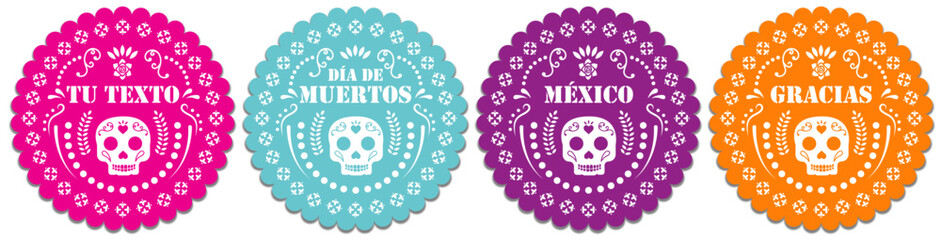 Papel picado redondo del día de muertos, con cráneos y ornamentos mexicanos 
