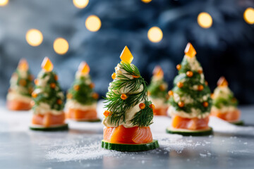 Smoked Salmon, cucumber and cream cheese canapes in the shape of Christmas trees. Horizontal, side view. Festive Christmas Tree Appetizer.  - obrazy, fototapety, plakaty
