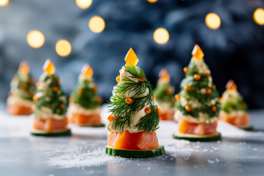 Smoked Salmon, cucumber and cream cheese canapes in the shape of Christmas trees. Horizontal, side view. Festive Christmas Tree Appetizer. 