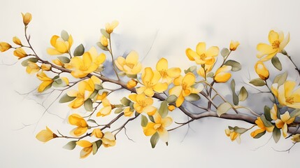 Branch with yellow flowers and eucalyptus branches