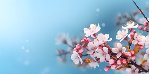 Obraz na płótnie Canvas Delicate sprig of white cherry blossoms with blue background. Generative AI.