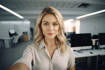 Beautiful and successful office woman with a confident look, in her incredible office