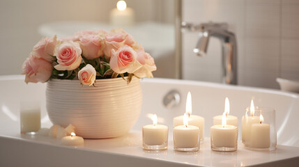 Fototapeta na wymiar Elegant white bathroom interior with modern vessel sink rose and candles Romantic zen Atmosphere Burning Scented Candles and rose